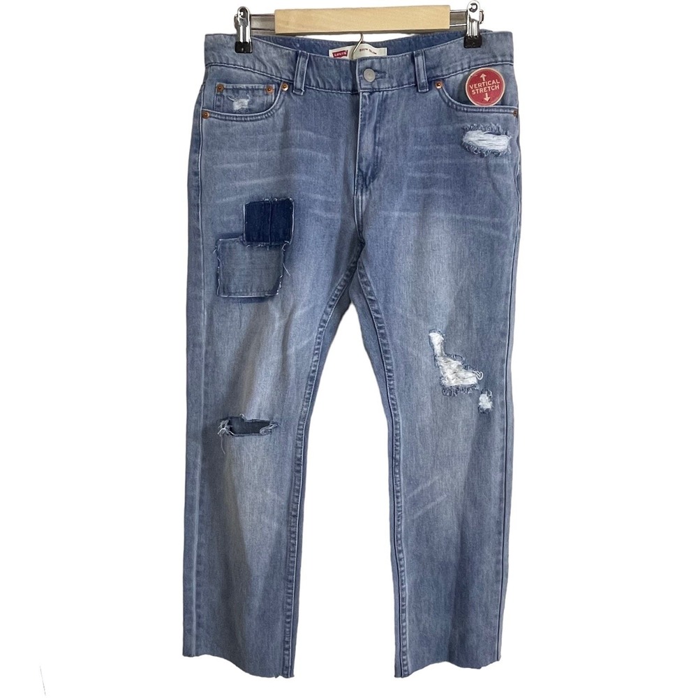 Levi's 511 Slim Jeans Women 30x30 Blue Grunge Indie Distressed Patchwork Raw Hem